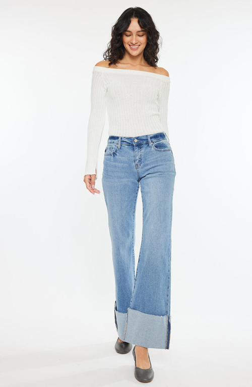 Kancan Emma Mid Rise Wide Leg Jeans In Medium In Medium Wash