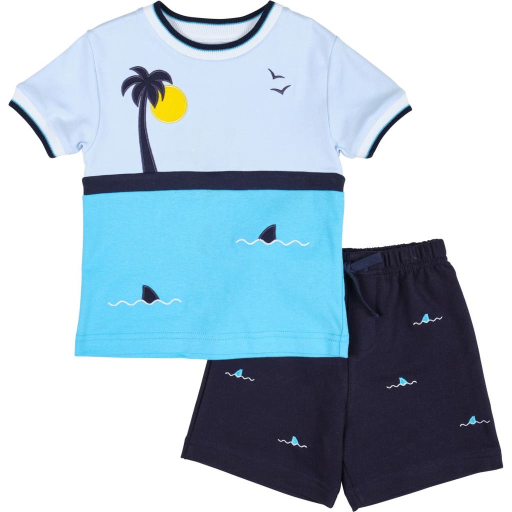 Florence Eiseman Knit Short Set With Ocean Scene In Turquoise
