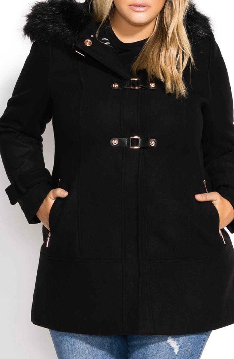 City Chic Wonderwall Coat with Faux Fur Collar, Main, color, Black