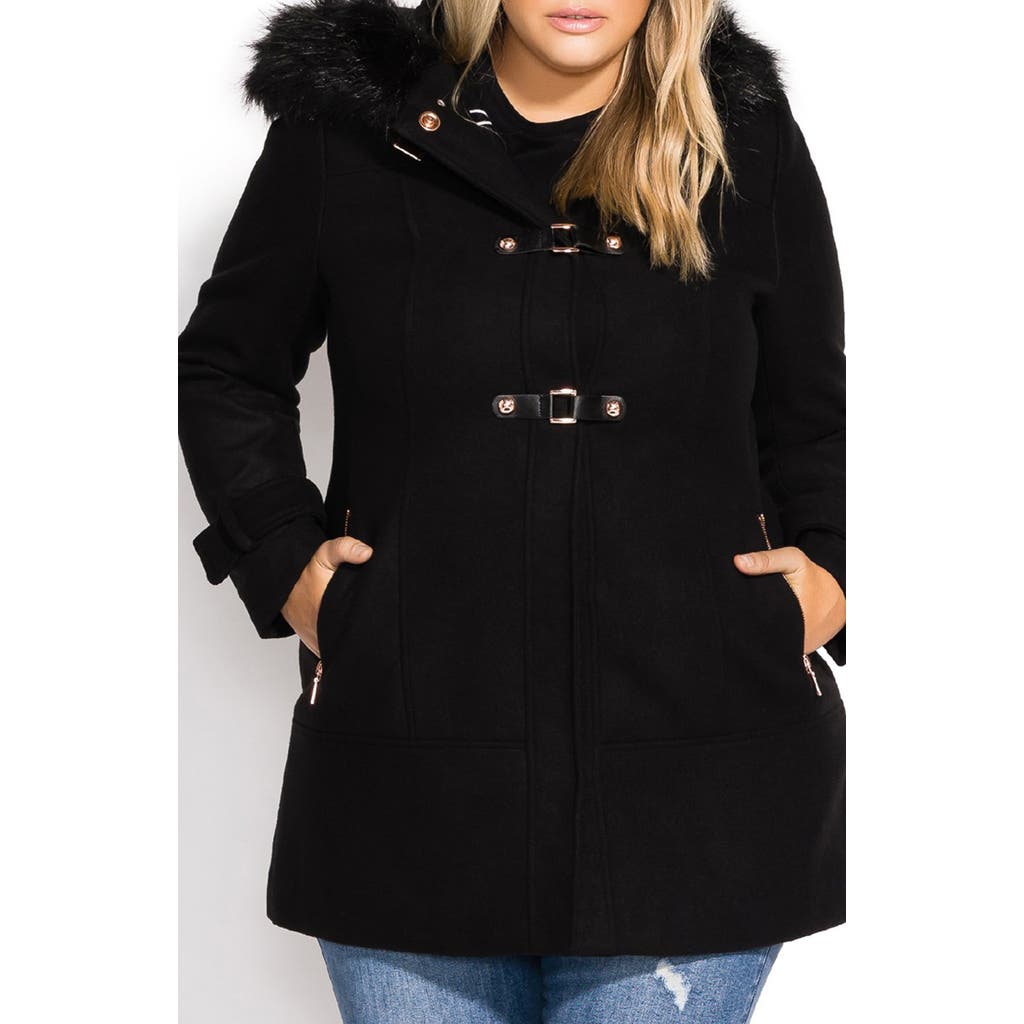City Chic Wonderwall Coat With Faux Fur Collar In Black