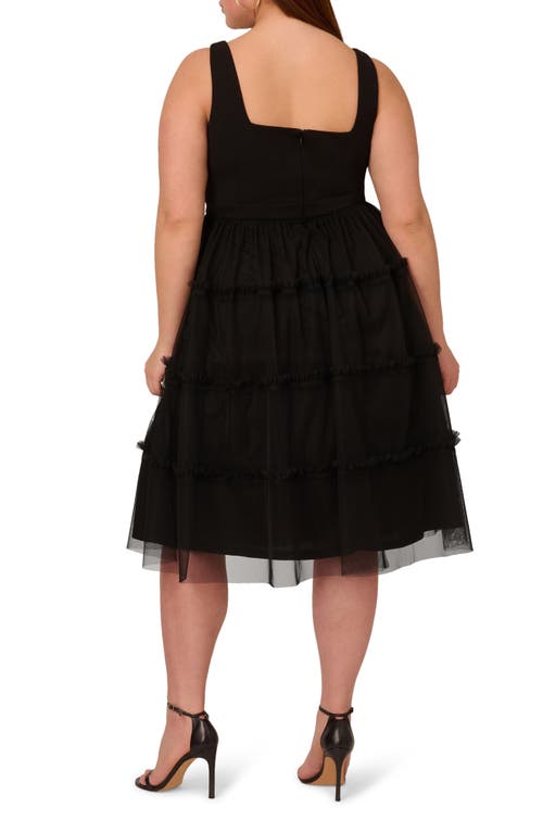 ADRIANNA PAPELL ADRIANNA PAPELL MESH OVERLAY TIERED MIDI COCKTAIL DRESS