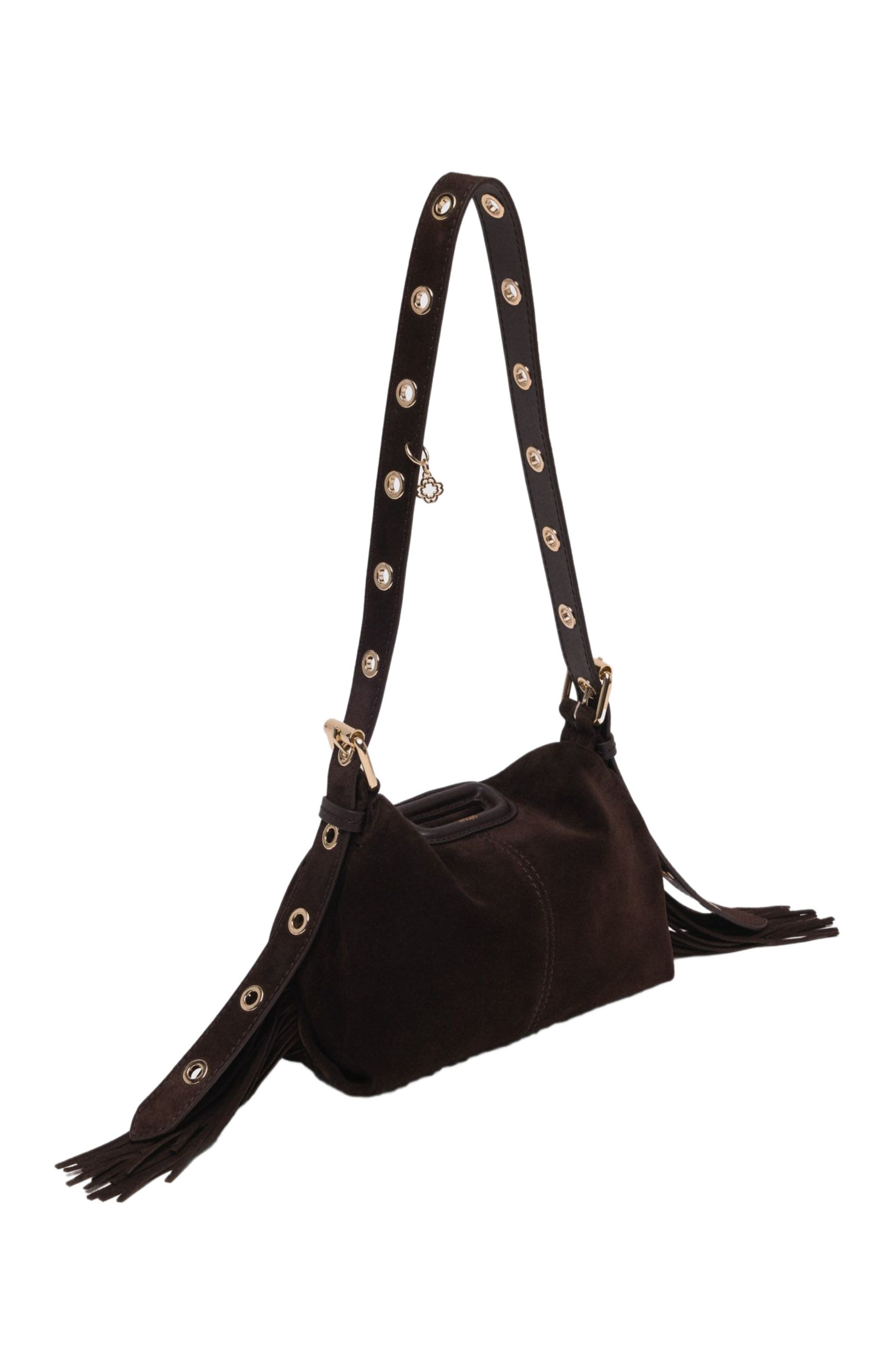 maje Miss M mini suede leather bag, Alternate, color, Dark Brown