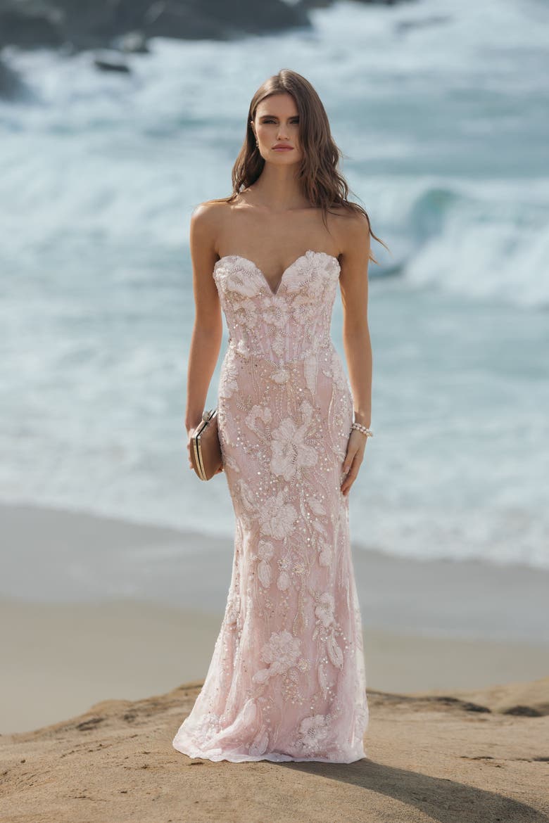 Floral Beaded Mesh Strapless Column Gown, Alternate, color, Porcelain
