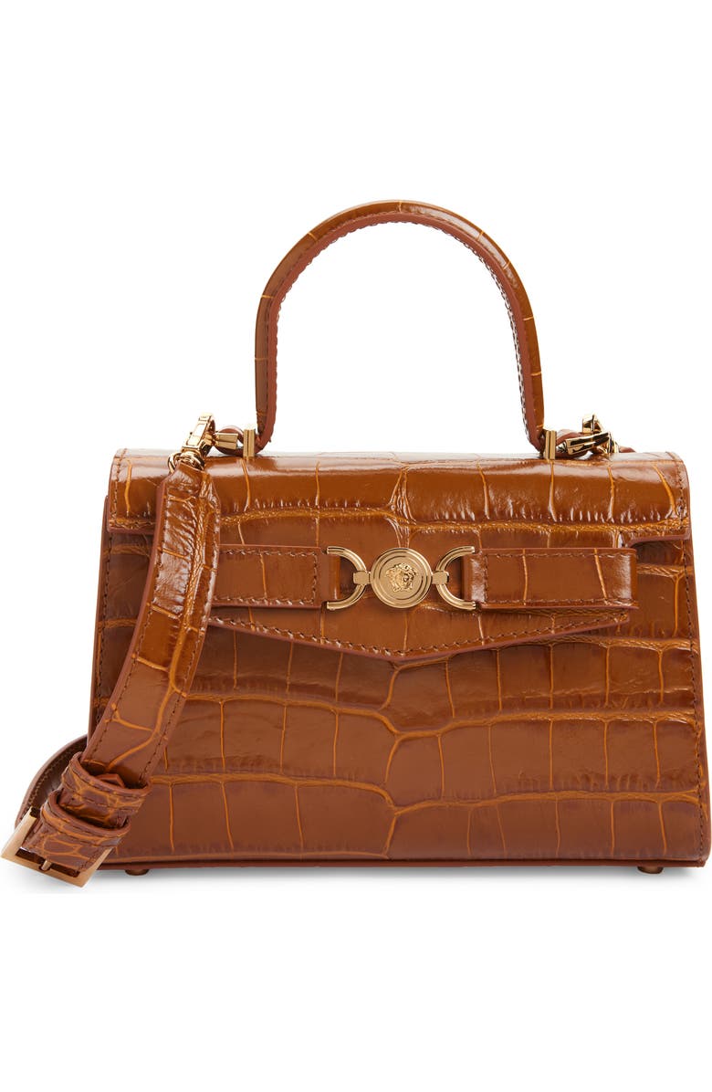 Versace Small Medusa '95 Croc Embossed Leather Top Handle Bag, Main, color, Light Brown Gold