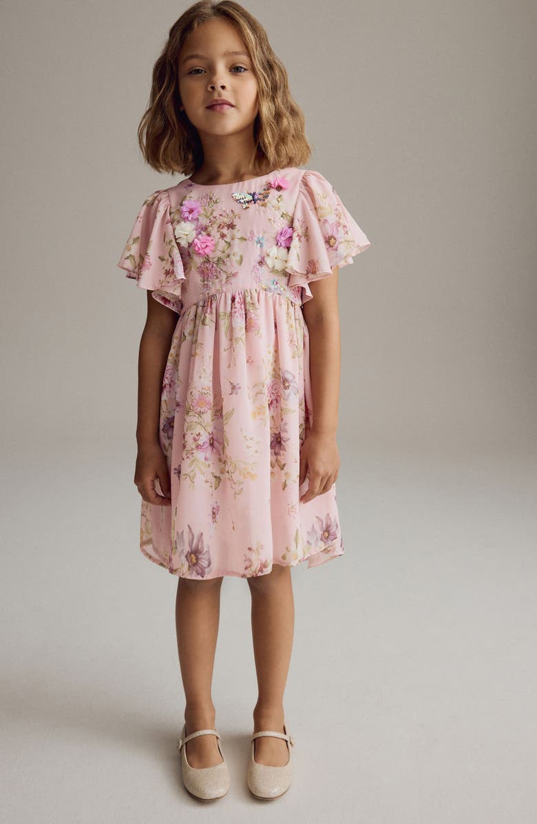 NEXT Kids' Floral Embellished Flutter Sleeve Dress, Alternate, color, 