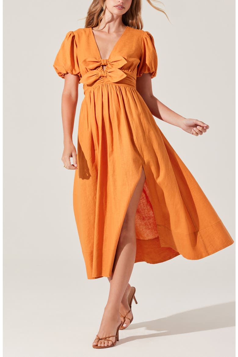 Citrine Bow Linen & Cotton Midi Dress, Alternate, color, TURMERIC ORANGE