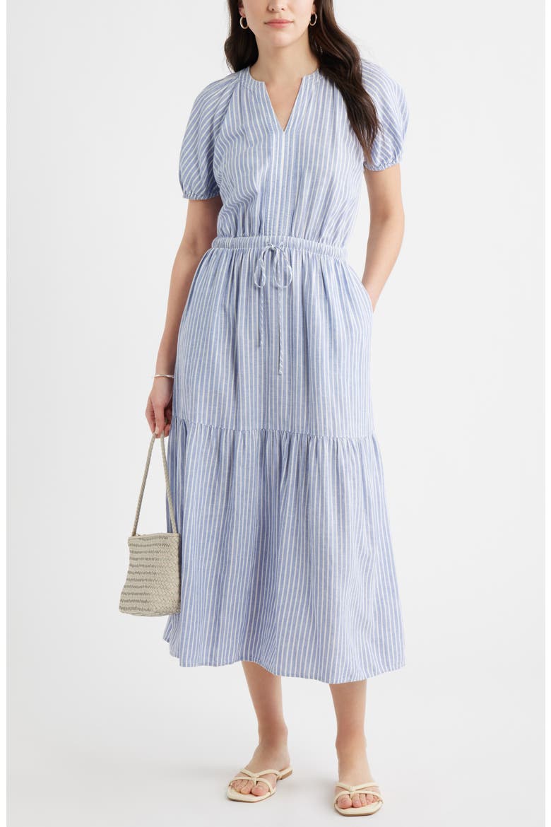 Easy Linen Blend Midi Dress, Alternate, color, BLUE- IVORY PENNY STRIPE