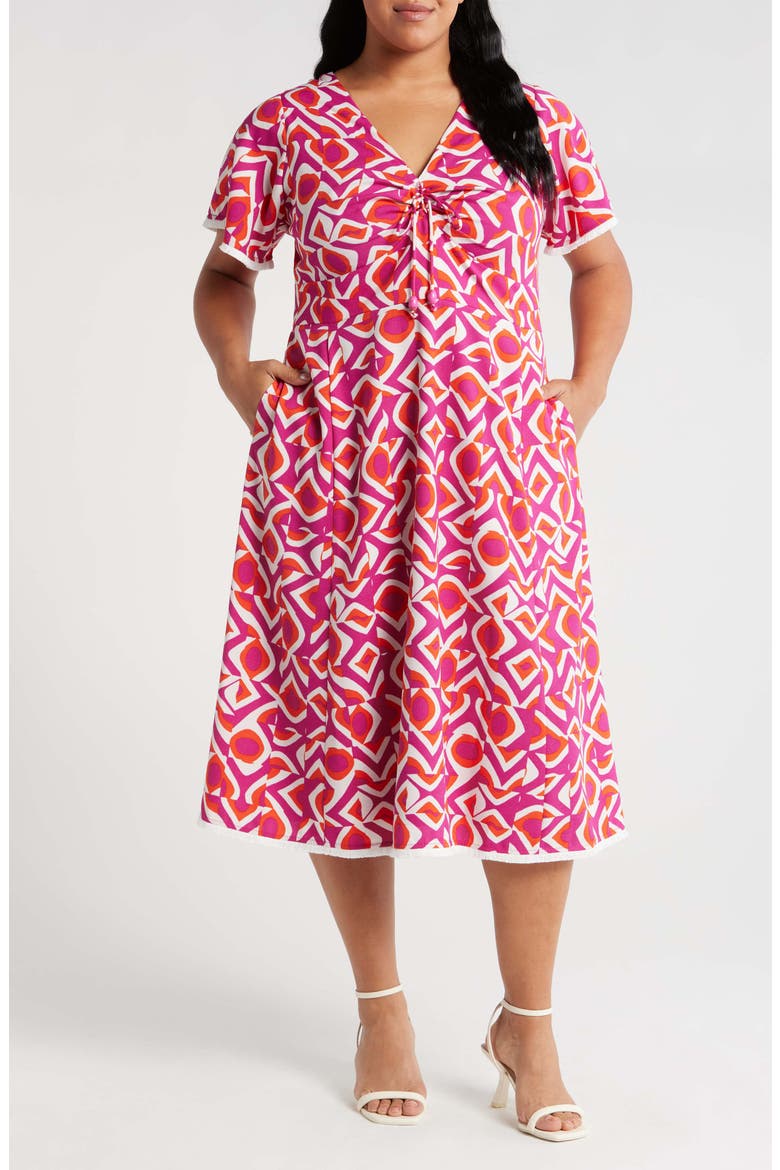 Geo Print Midi Dress, Main, color, WILD BERRY