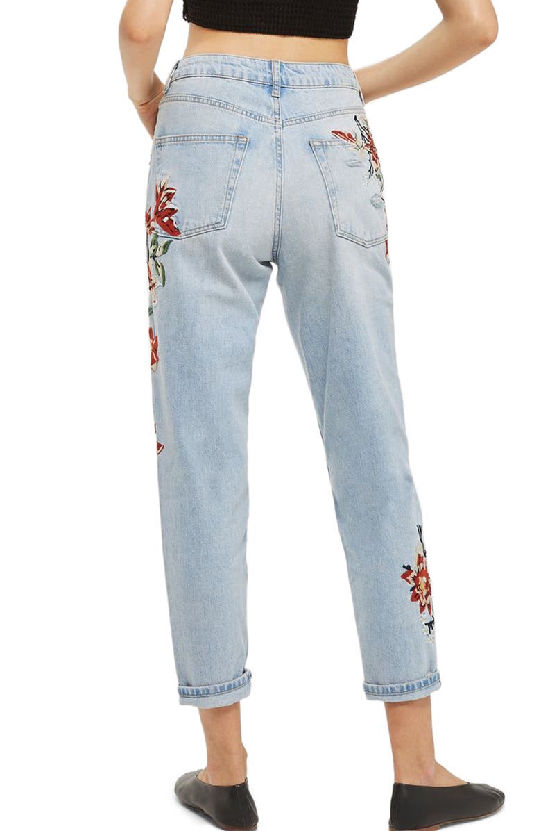 Topshop Fire Flower High Rise Ripped Mom Jeans, Alternate, color, 