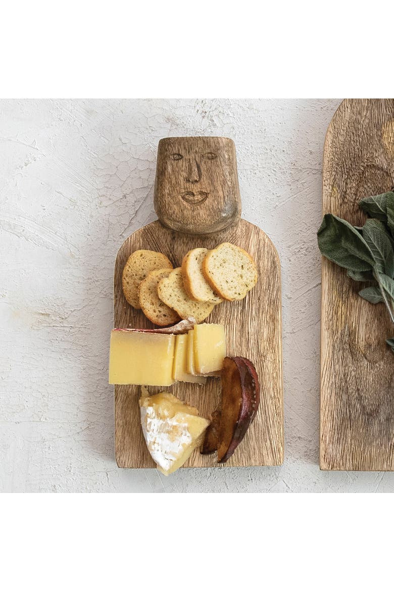 Compact Hand-Carved Mango Wood Cheese Slicer and Cutting Board with Face Handle Design and Combed Finish, Natural, Alternate, color, Natural