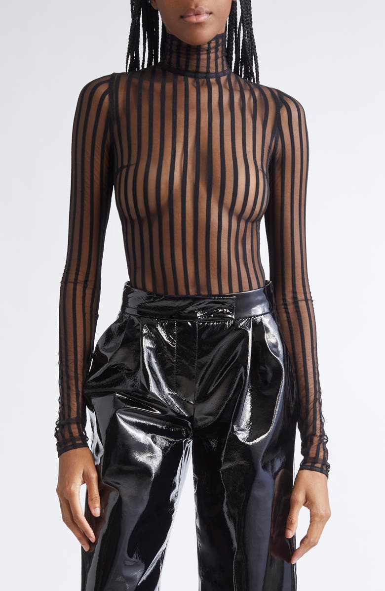 LaQuan Smith Illusion Stripe Turtleneck Bodysuit, Main, color, Black