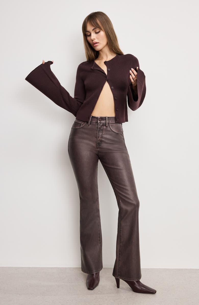 Good American Ribbed Bell Sleeve Cardigan, Alternate, color, Bark003