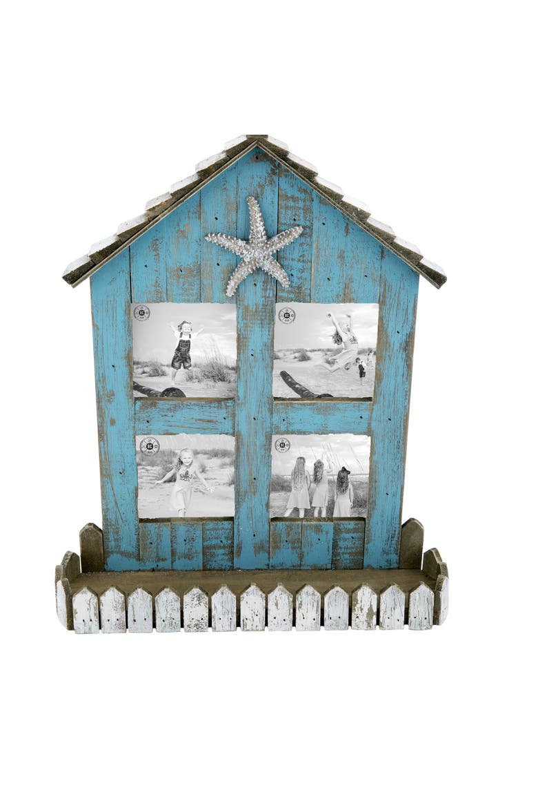 Teal Coastal Beach House 3x3 4-Section Wooden Photo Picture Frame, Main, color, Blue