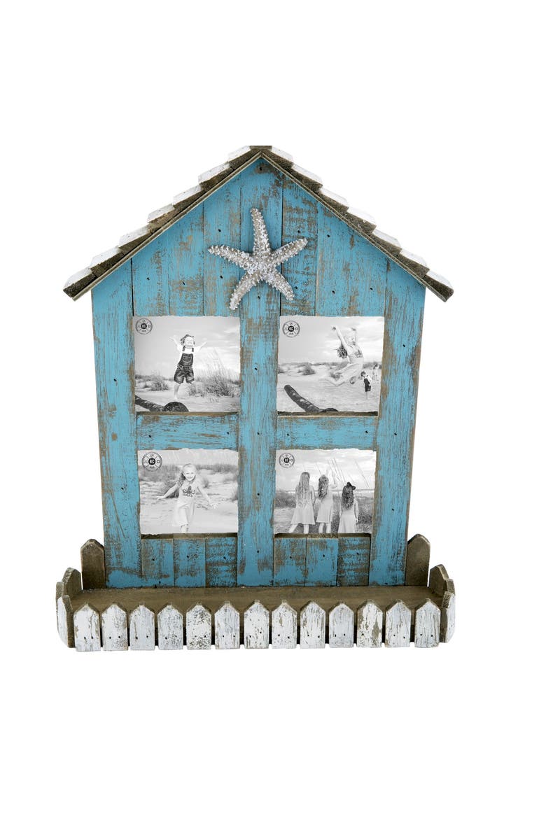 Beachcombers Teal Coastal Beach House 3x3 4-Section Wooden Photo Picture Frame, Main, color, Blue