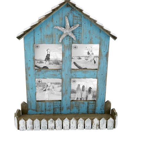 Teal Coastal Beach House 3x3 4-Section Wooden Photo Picture Frame