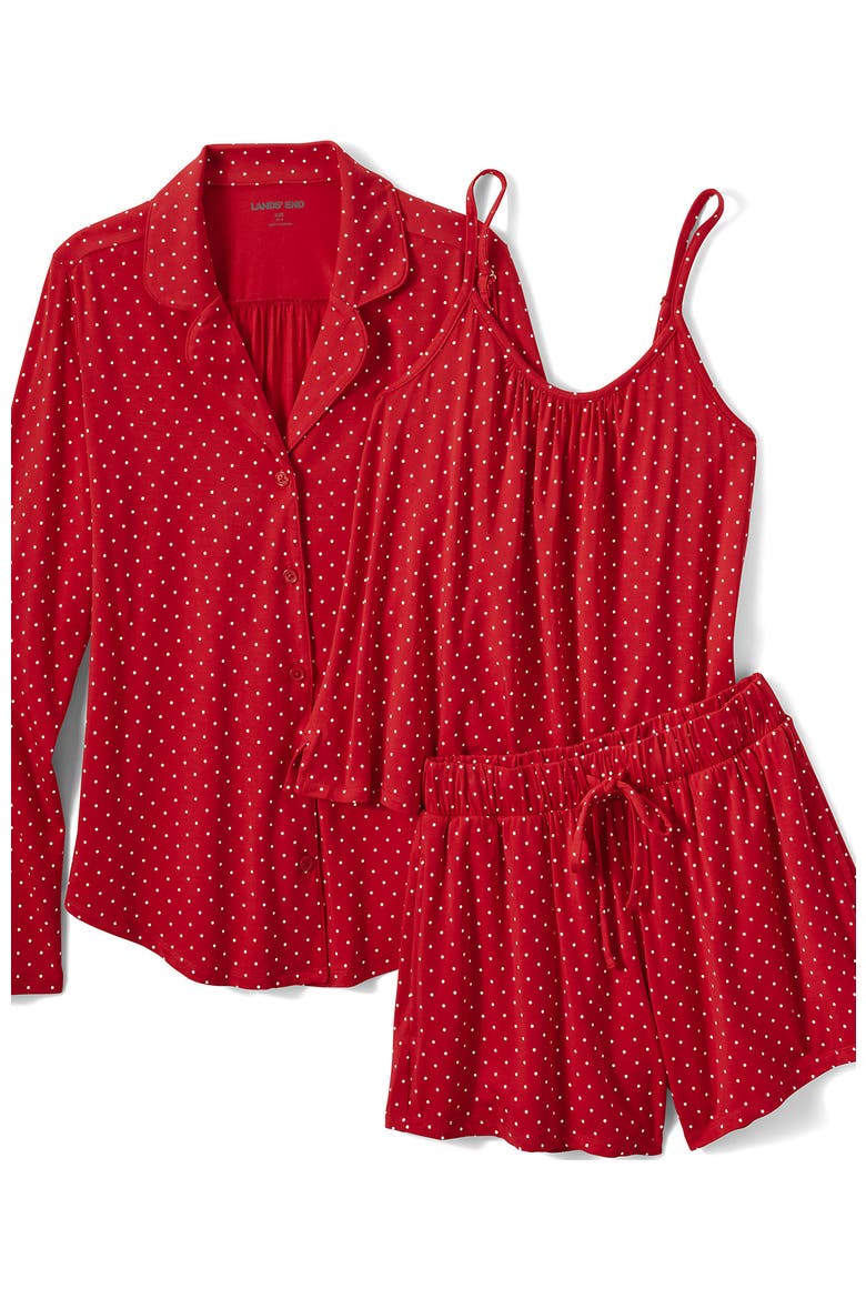 Plus Size Cooling 3 Piece Pajama Set - Long Sleeve Top Cami and Shorts, Alternate, color, Compass Red Pin Dot