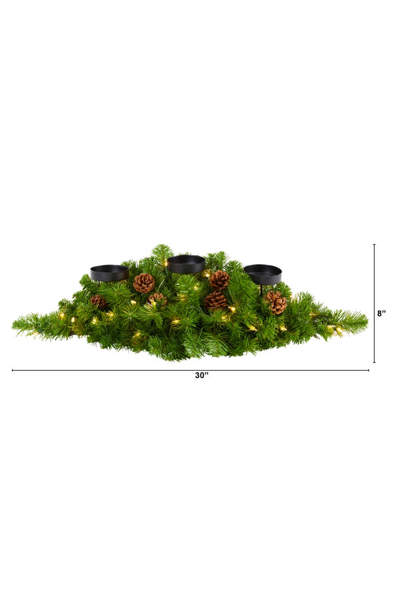 NEARLY NATURAL 30-in Christmas Artificial Pine Triple Candelabrum with 35 Clear Lights and Pine Cones, Alternate, color, Green