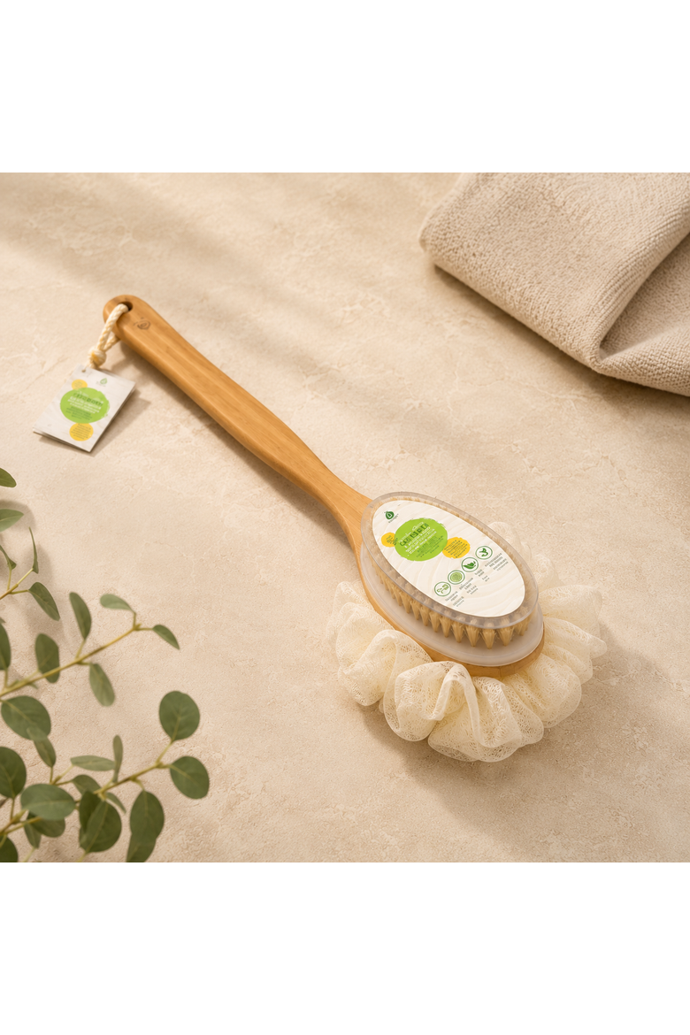 Dry Brush & Mesh Sponge with Lotus Wooden Handle, Alternate, color, Beige