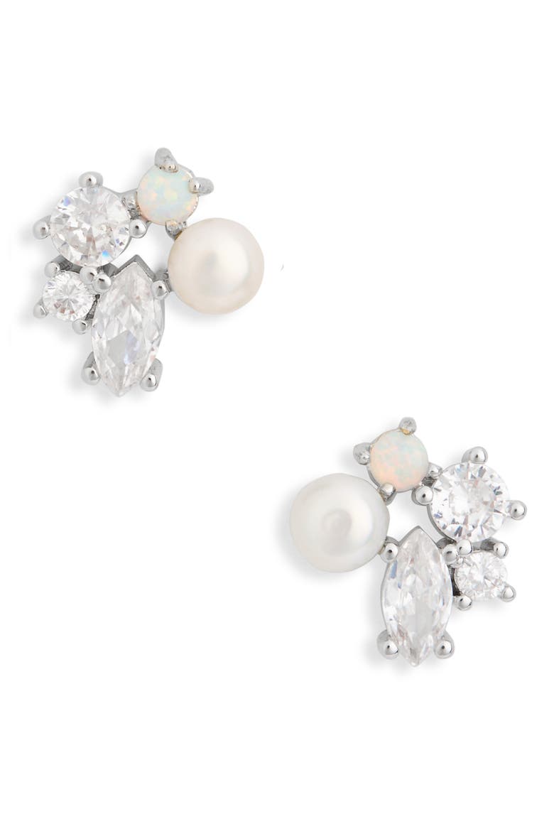 Cubic Zirconia & Faux Pearl Cluster Stud Earrings, Main, color, CLEAR- WHITE- SILVER