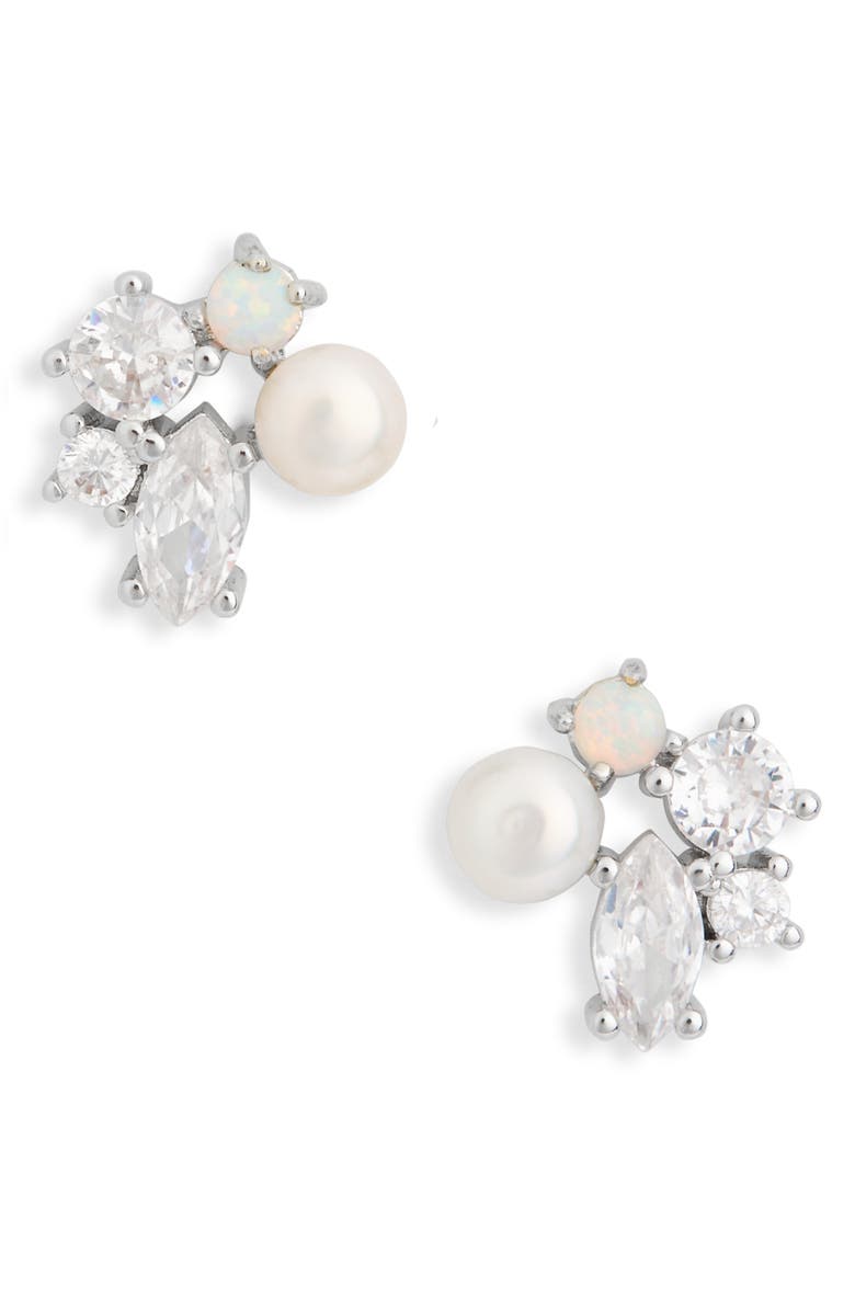 NORDSTROM RACK Cubic Zirconia & Faux Pearl Cluster Stud Earrings, Main, color, Clear- White- Silver