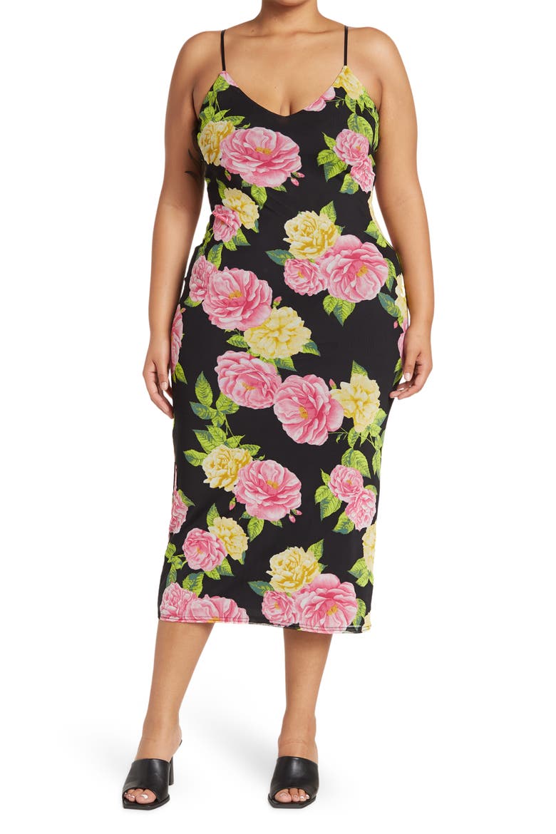 Amina Print Power Mesh Midi Slipdress, Main, color, NOIR BOUQUET