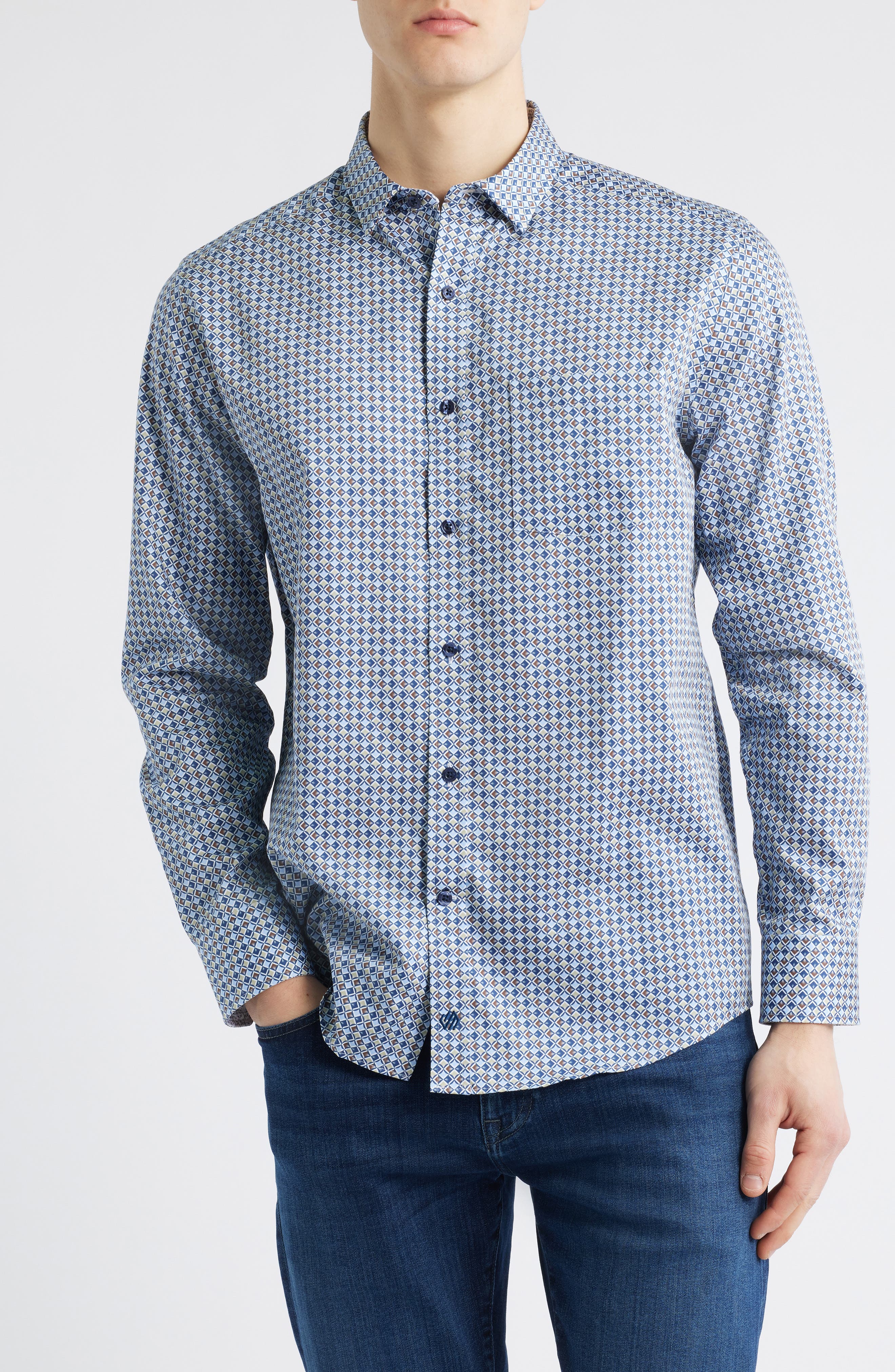 Wavy Diamond Print Cotton Button-Up Shirt