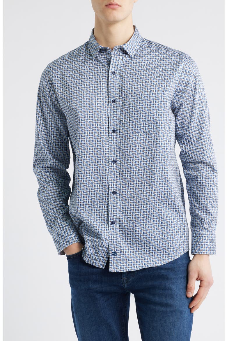 Wavy Diamond Print Cotton Button-Up Shirt, Main, color, BLUE/ BROWN