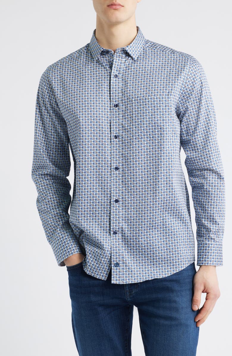 Johnston & Murphy Wavy Diamond Print Cotton Button-Up Shirt, Main, color, Blue/ Brown