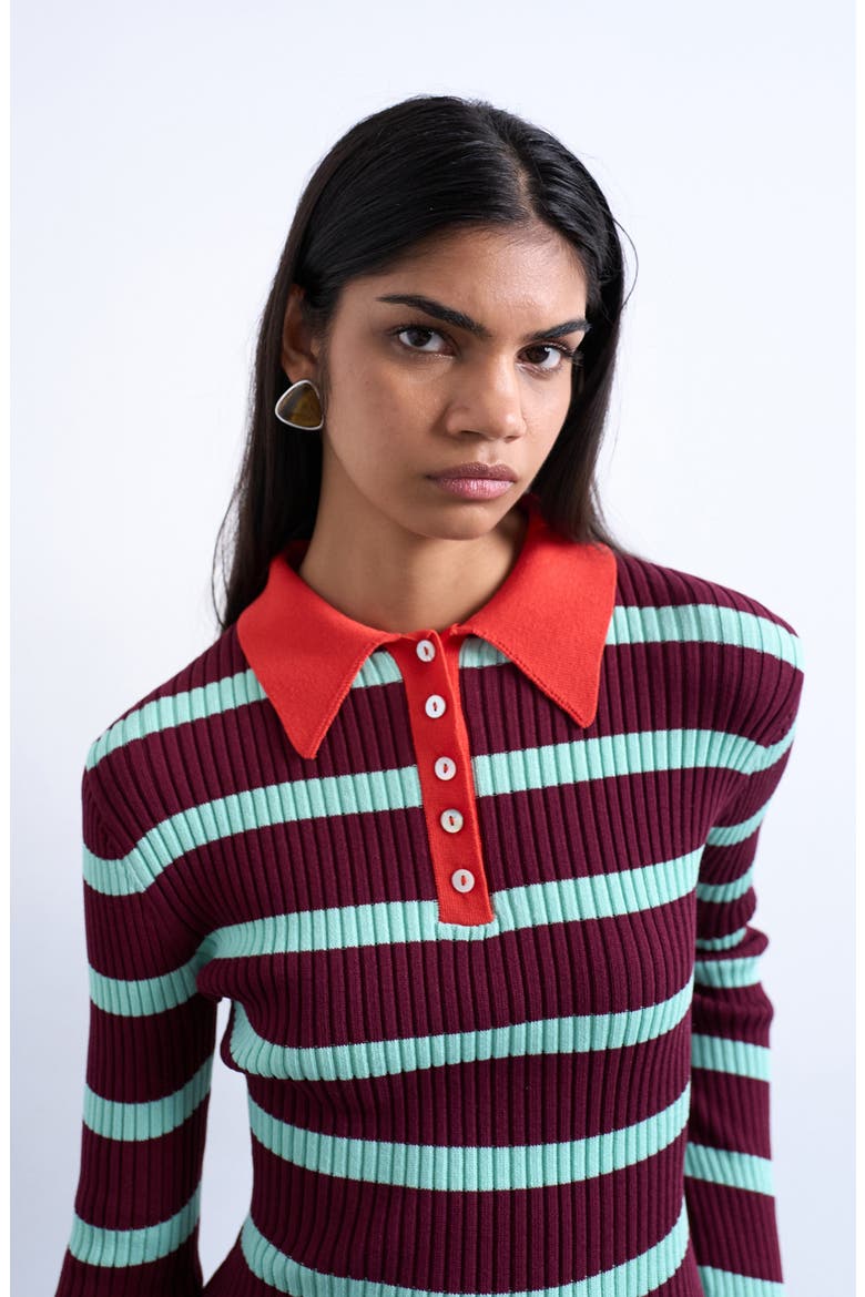 Stripe Long Sleeve Rib Polo, Alternate, color, BURGUNDY MULTI