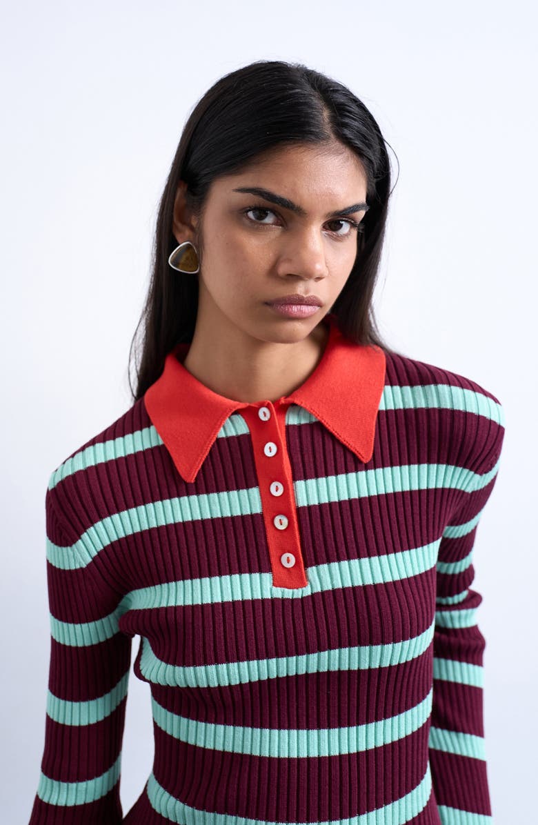 Topshop Stripe Long Sleeve Rib Polo, Alternate, color, Burgundy Multi