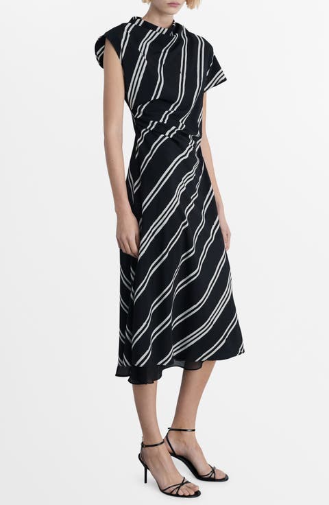 Stripe Asymmetric Sleeve Midi Dress
