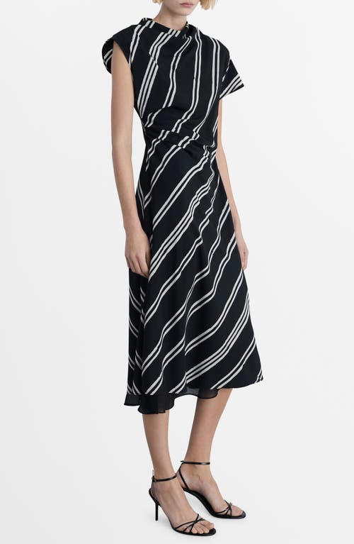 Mango Stripe Asymmetric Sleeve Midi Dress In Black