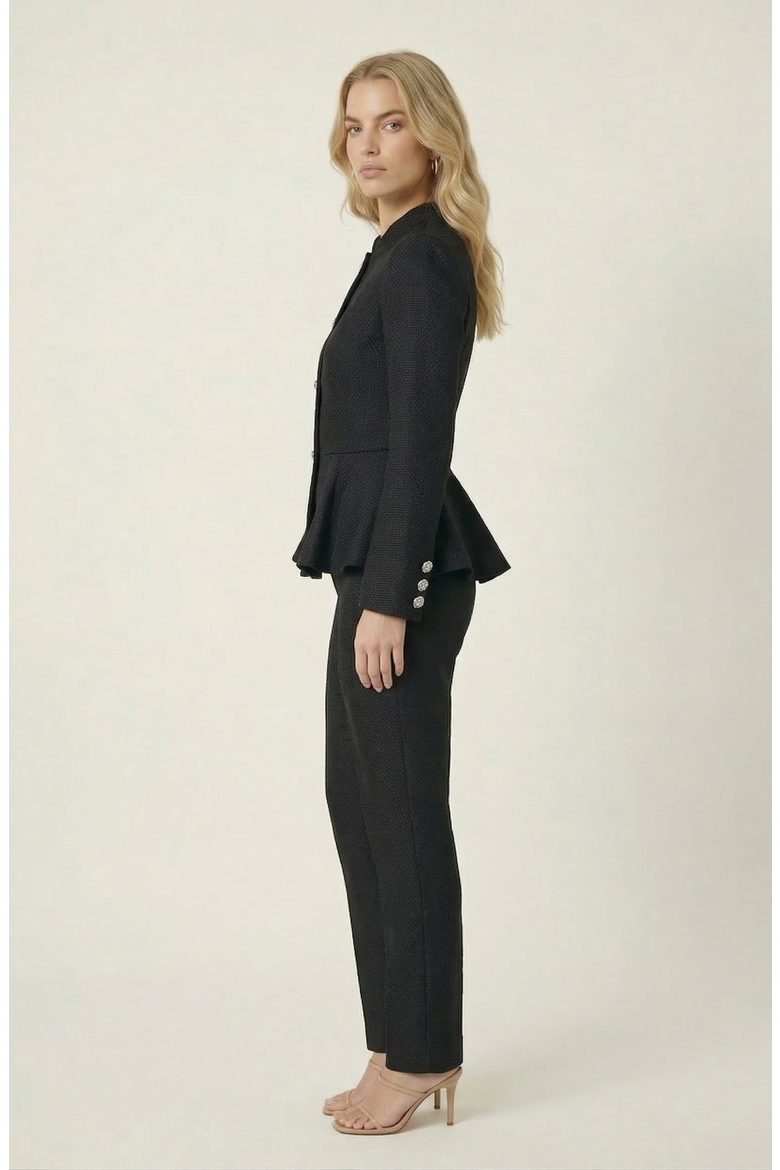 Textured Round Neck Peplum Blazer, Alternate, color, Black