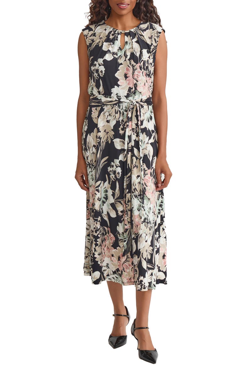 Print Tie Waist Sleeveless Midi Dress, Main, color, BLACK MULTI