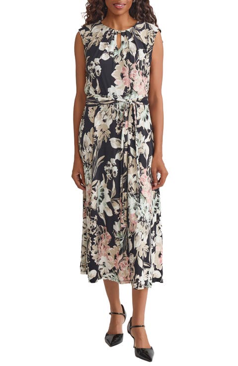Print Tie Waist Sleeveless Midi Dress (Regular & Petite)