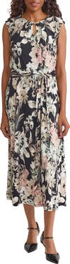 KASPER Print Tie Waist Sleeveless Midi Dress