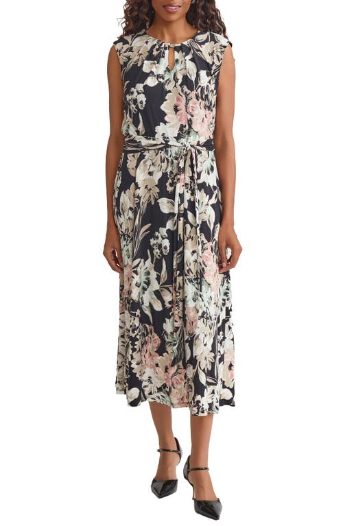 Kasper Print Tie Waist Sleeveless Midi Dress In Multi