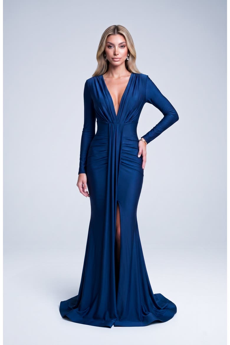 Ruched Long Sleeve Slit Mermaid Gown, Alternate, color, Navy