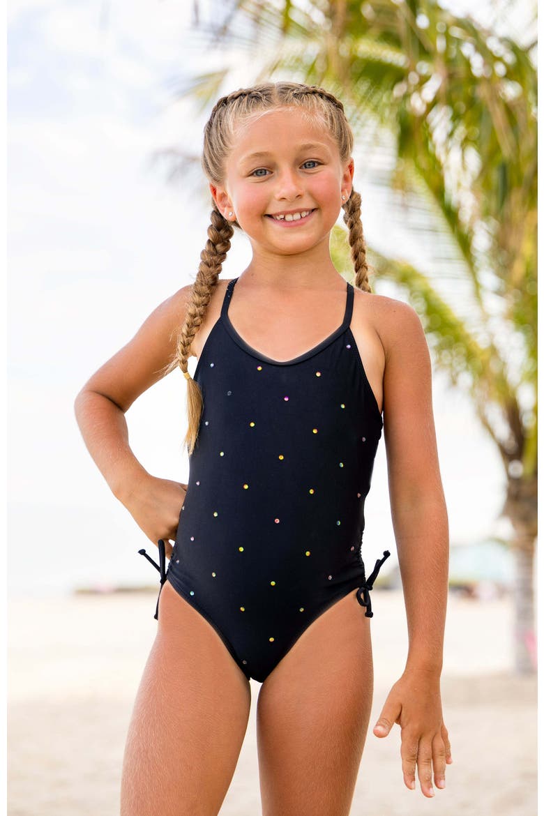 Gathered One Piece Swimsuit with Rhinestone Detail, Alternate, color, Black
