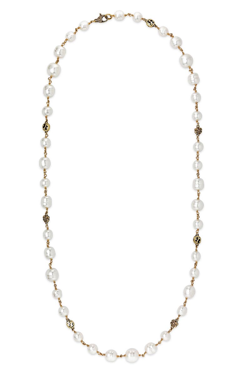 Gucci Interlocking G Imitation Pearl Bead Necklace, Main, color, Yellow Gold