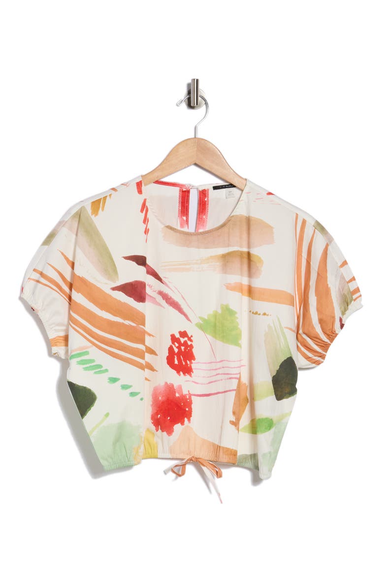 Short Sleeve Tie Waist Crop Top, Alternate, color, IVORY BRUSH STROKE PRINT