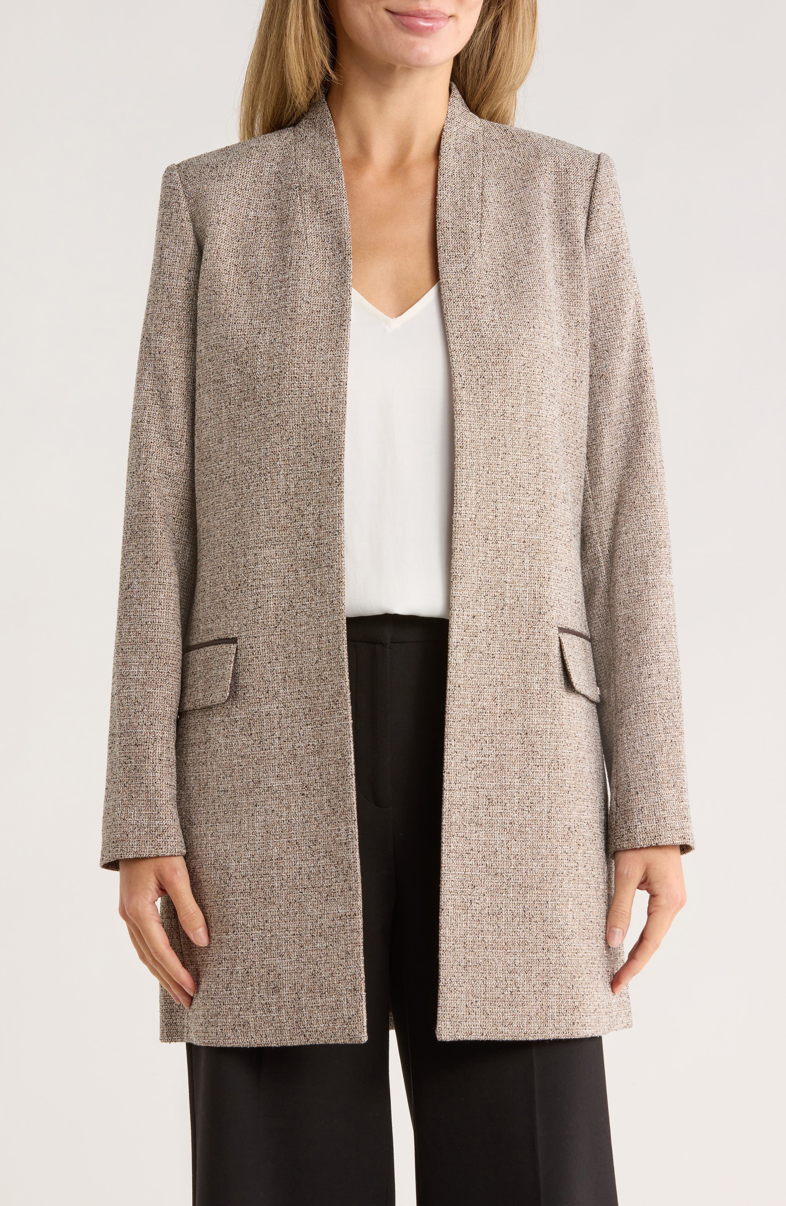 Calvin Klein Open Front Faux Leather Trim Long Blazer