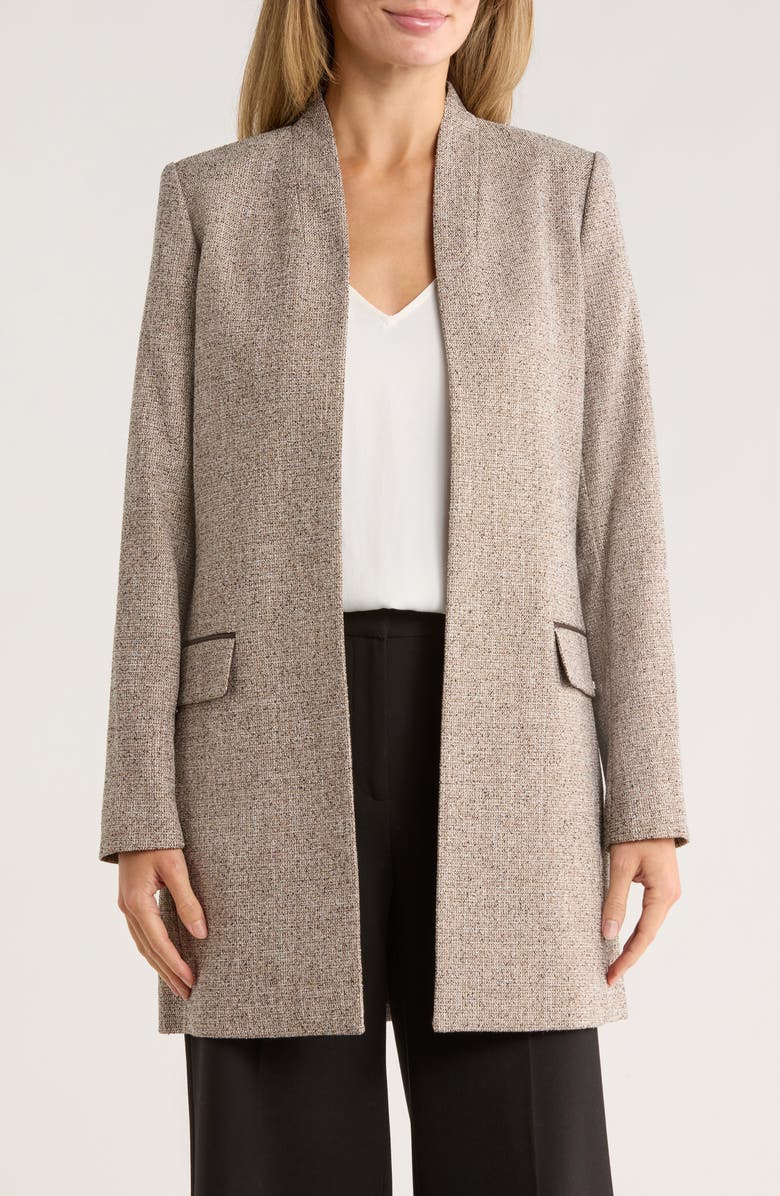 Calvin Klein Open Front Faux Leather Trim Long Blazer, Main, color, Latte Multi