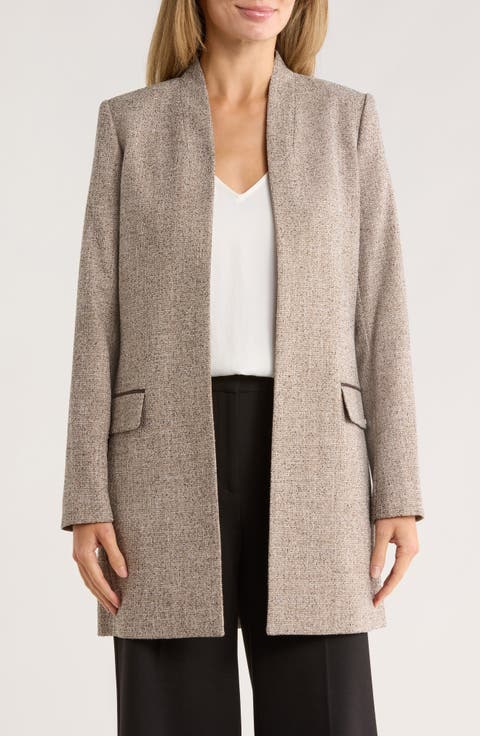 Open Front Faux Leather Trim Long Blazer