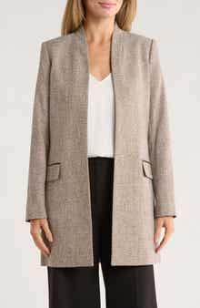 Calvin Klein Open Front Faux Leather Trim Long Blazer