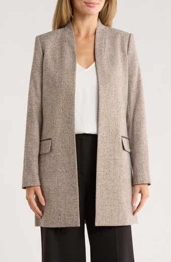 Calvin Klein Open Front Faux Leather Trim Long Blazer