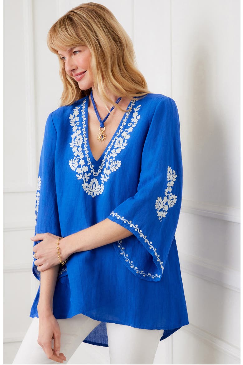 Embroidered Asymmetric Hem Linen Blend Top, Alternate, color, BLUE