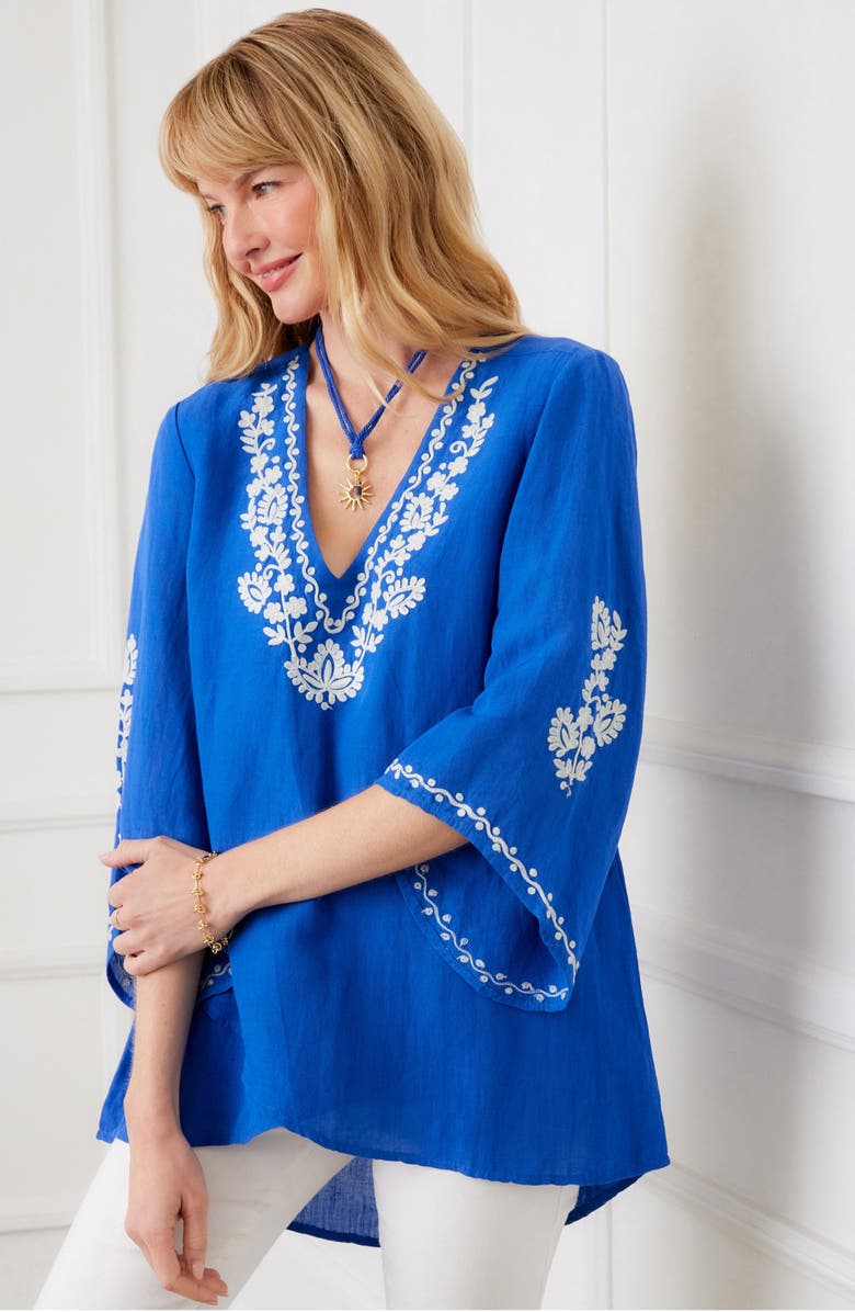Karen Kane Embroidered Asymmetric Hem Linen Blend Top, Alternate, color, Blue