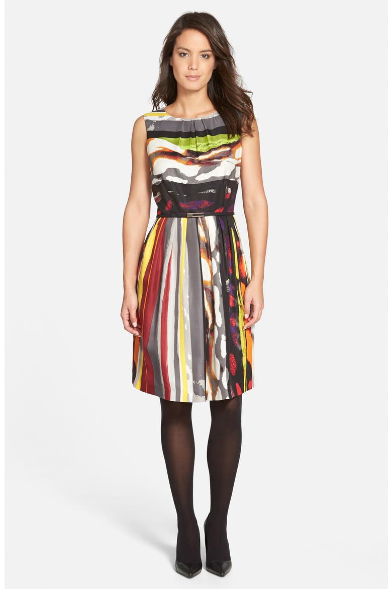 'Galaxy Stripe' Belted Print Twill Fit & Flare Dress, Alternate, color, GREY MULTI