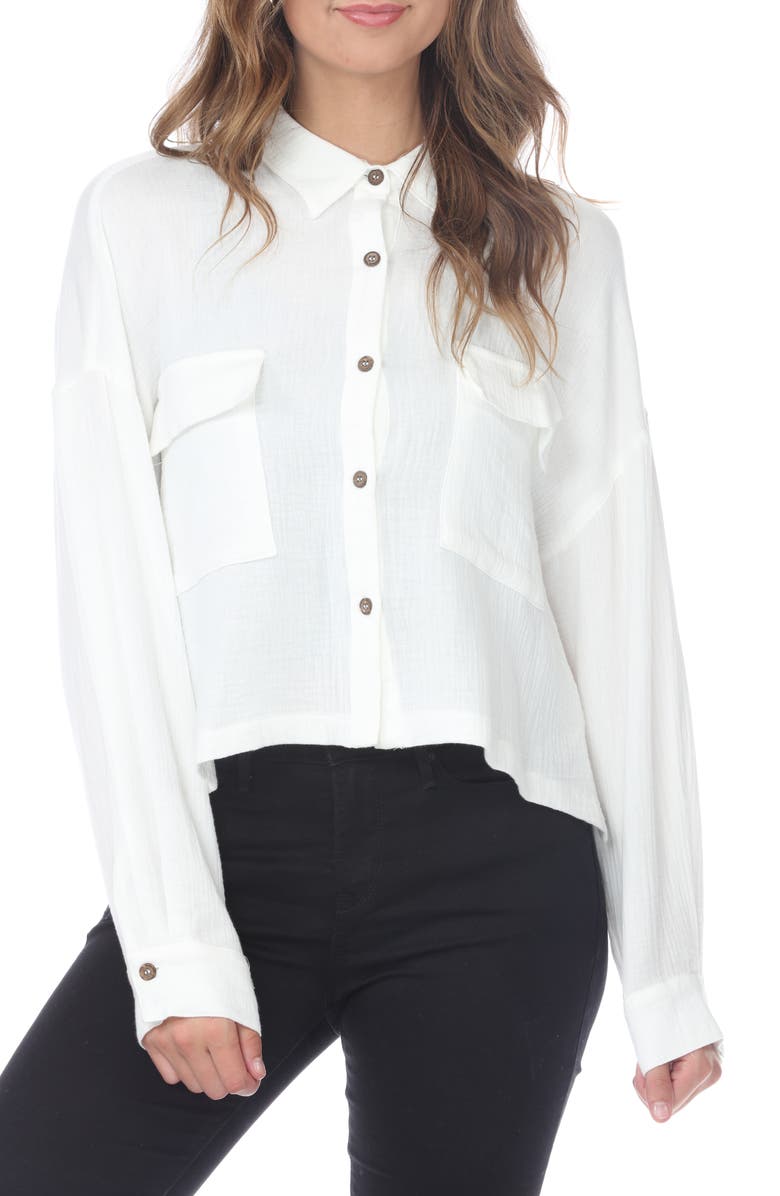 RAIN AND ROSE Cropped Cotton Gauze Button-Up Shirt, Main, color, White